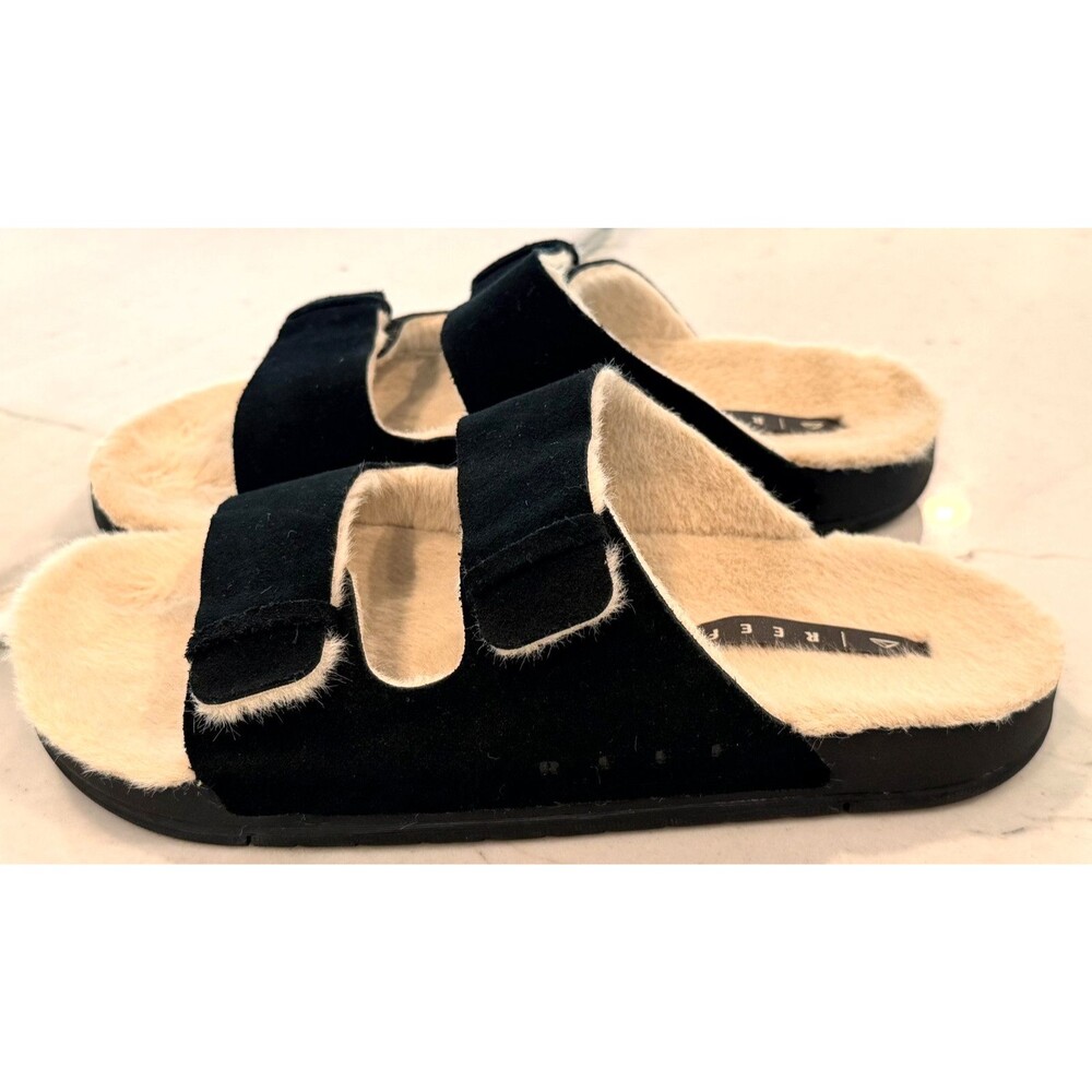 REEF BLACK OJAI TWO BAR COZY SUEDE/ FAUX FUR PLATFORM SANDALS, US 9
